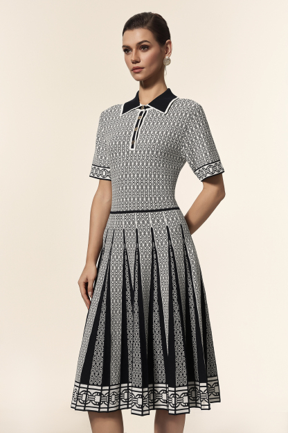 Julia Lapel Short Sleeves Jacquard Folds Mini Dress