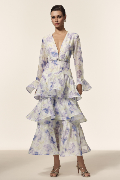 Angelica Deep-V Long Sleeves Floral Printed Maxi Dress