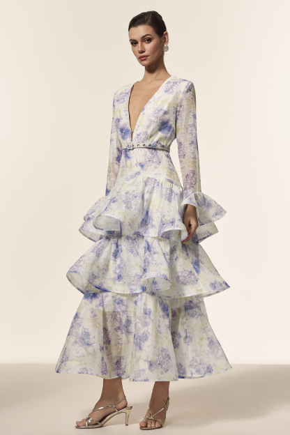 Angelica Deep-V Long Sleeves Floral Printed Maxi Dress