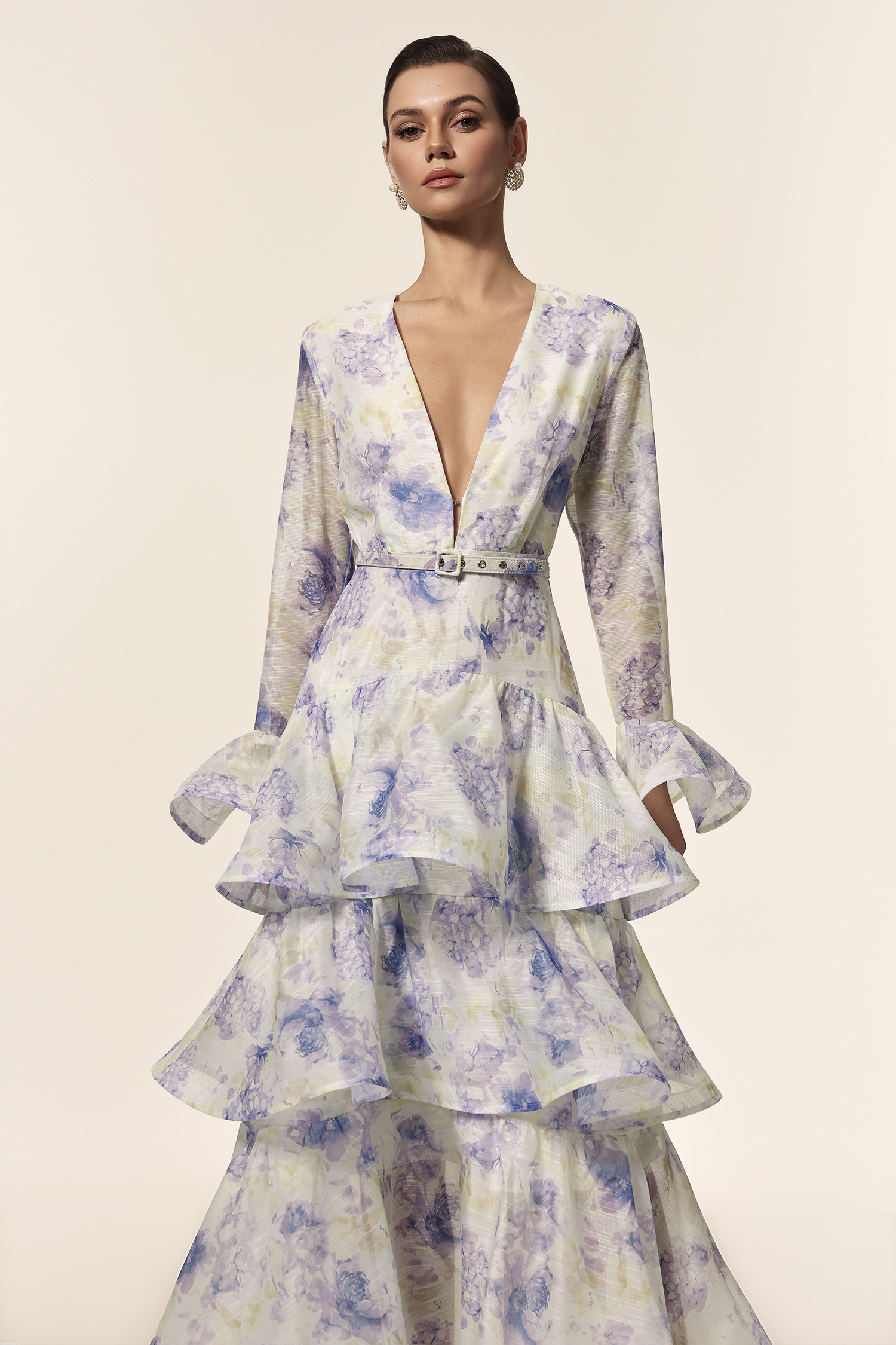Angelica Deep-V Long Sleeves Floral Printed Maxi Dress