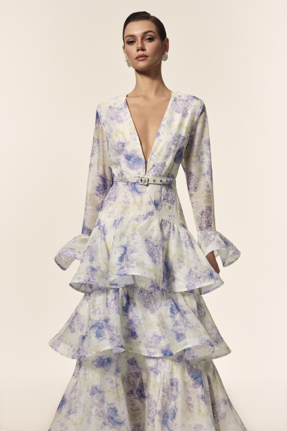Angelica Deep-V Long Sleeves Floral Printed Maxi Dress
