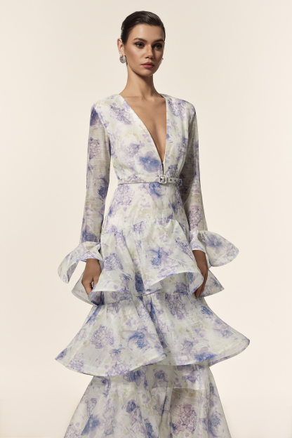 Angelica Deep-V Long Sleeves Floral Printed Maxi Dress