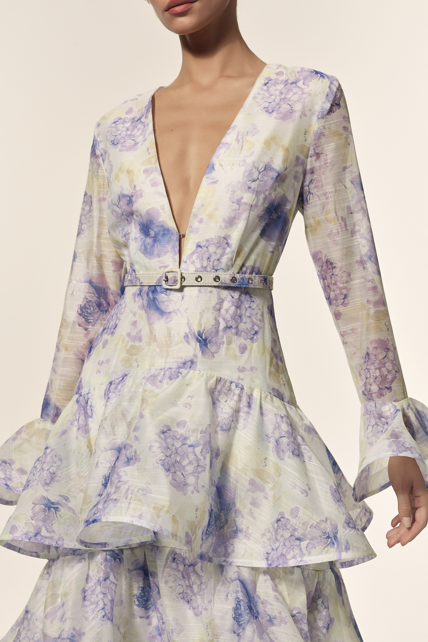 Angelica Deep-V Long Sleeves Floral Printed Maxi Dress
