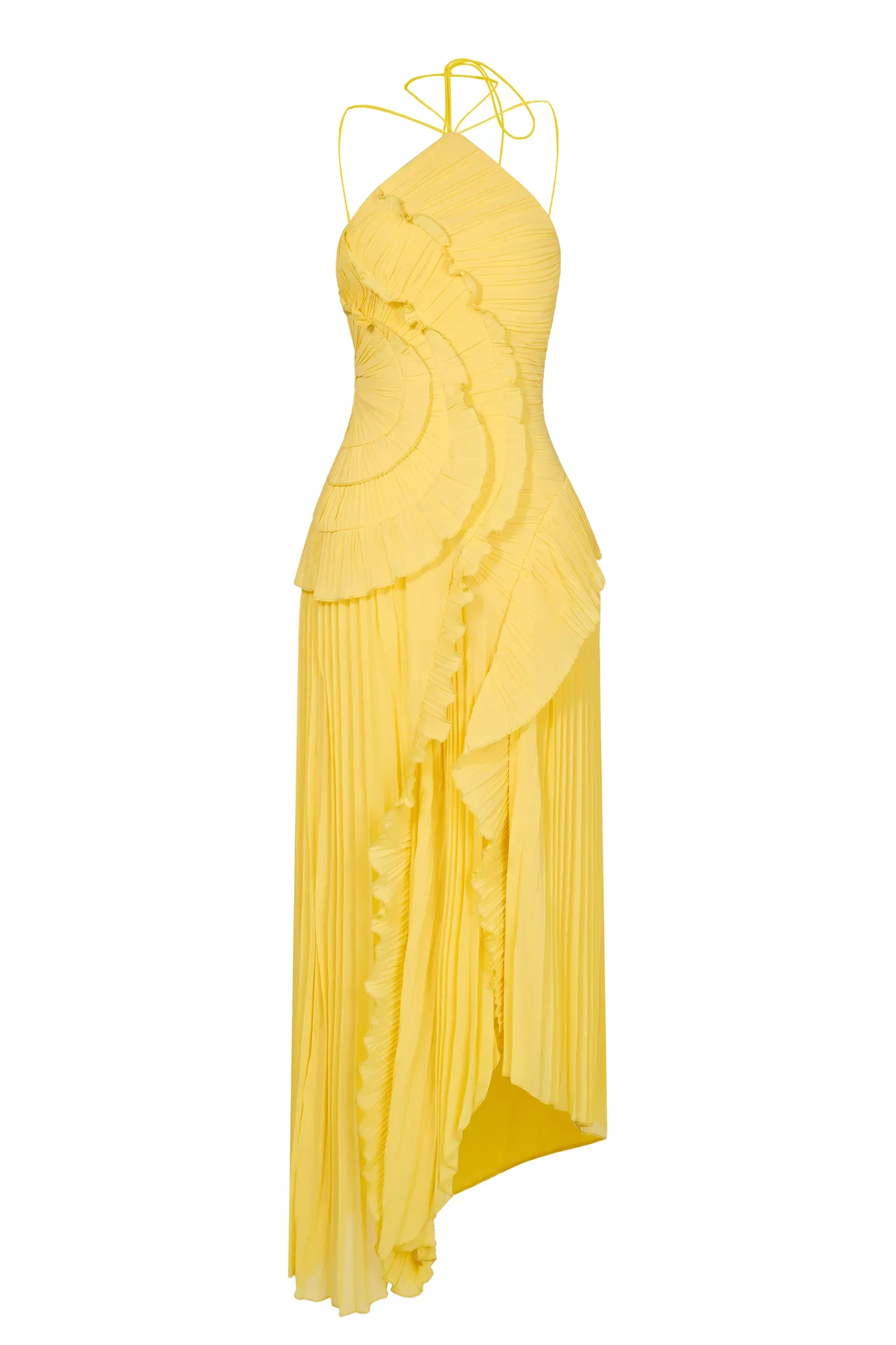 Bernadette Yellow Pleated Frill Halter Neck Midi Dress