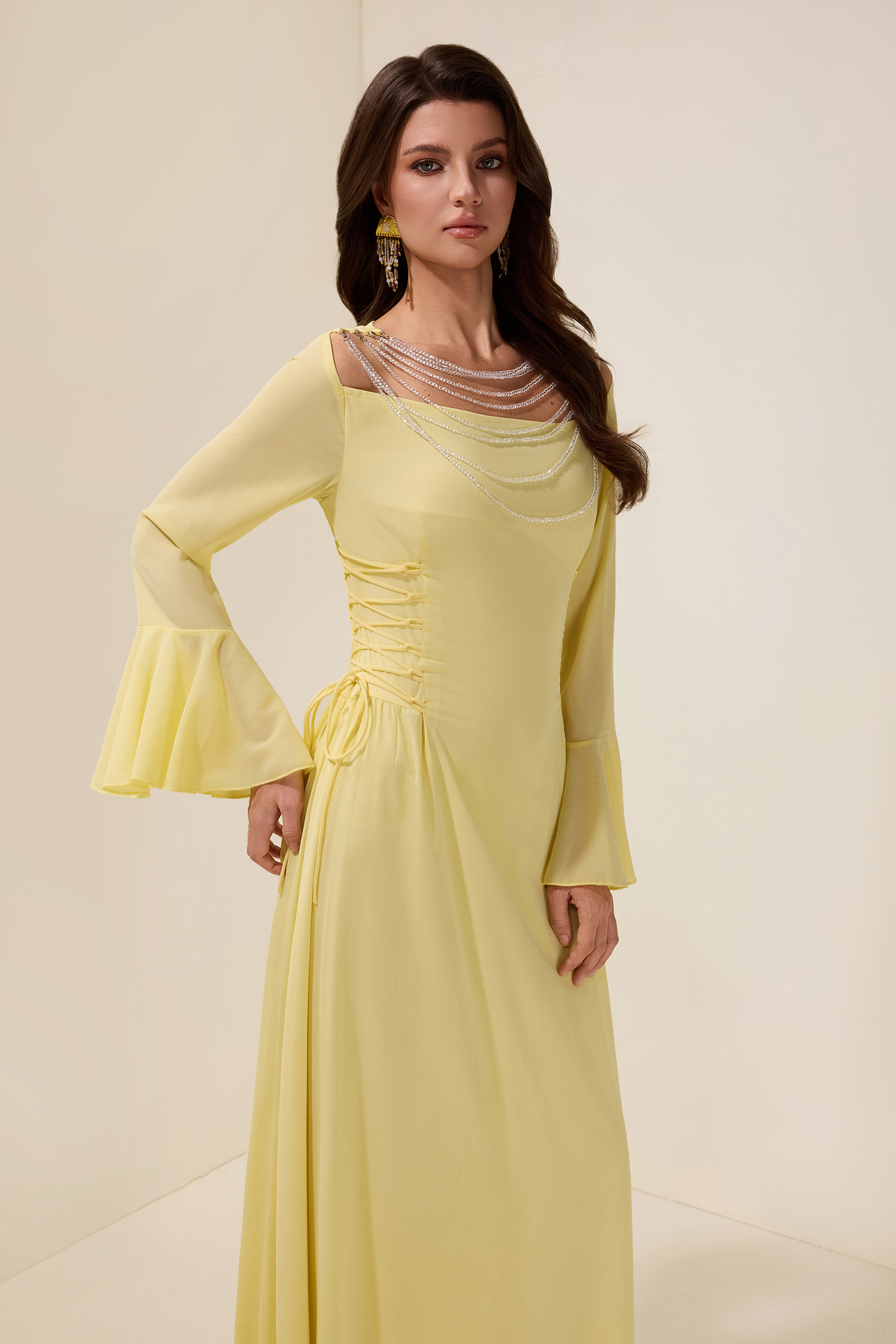 Isla Chiffon Beaded Tie-up Frill Maxi Dress