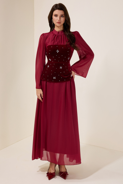 Marina Rhinestone Velvet Splicing Maxi Dress