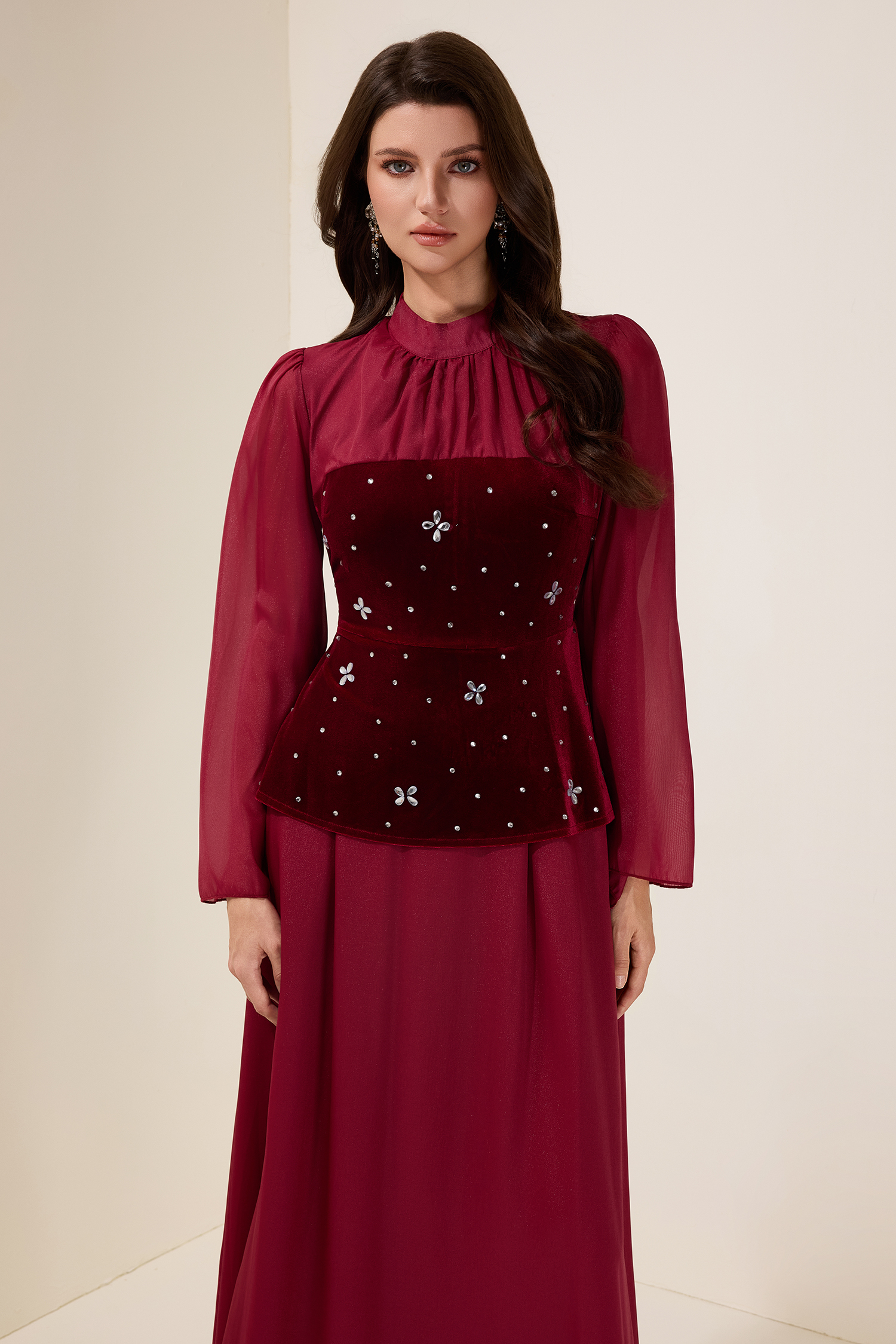 Marina Rhinestone Velvet Splicing Maxi Dress