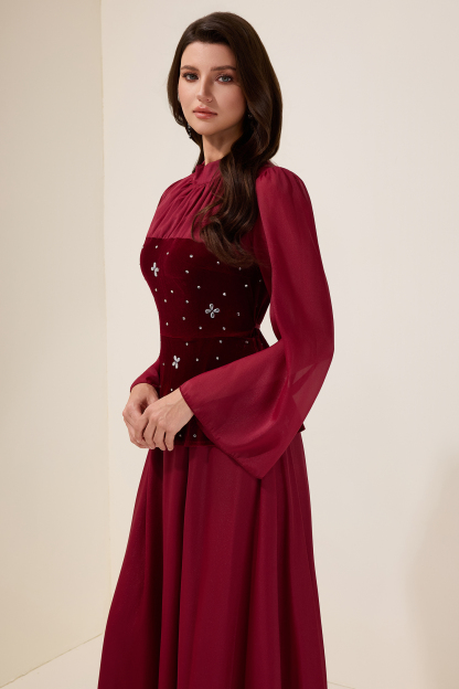 Marina Rhinestone Velvet Splicing Maxi Dress