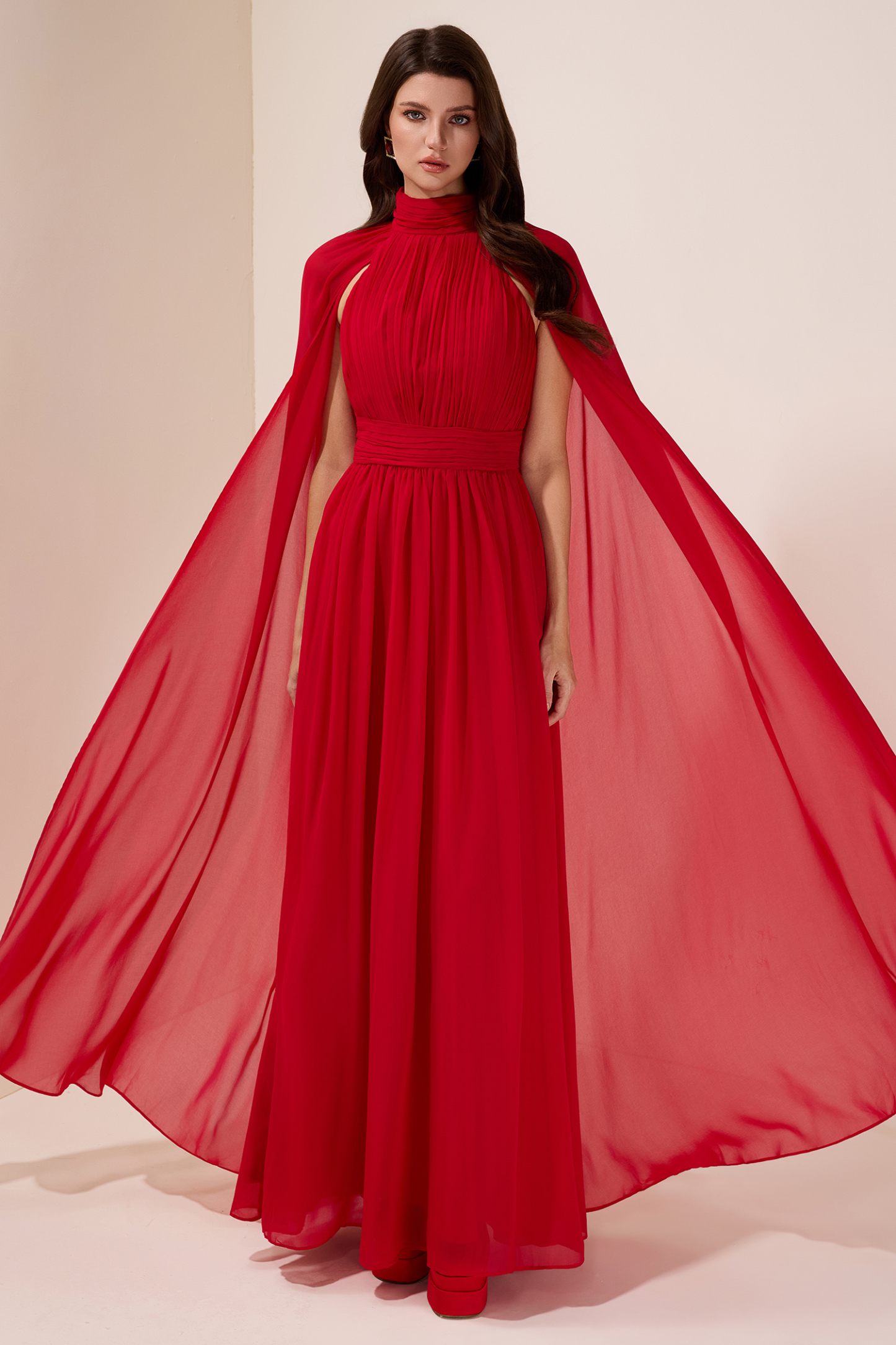 Tracy Chiffon Pleated Cape Sleeve Maxi Dress