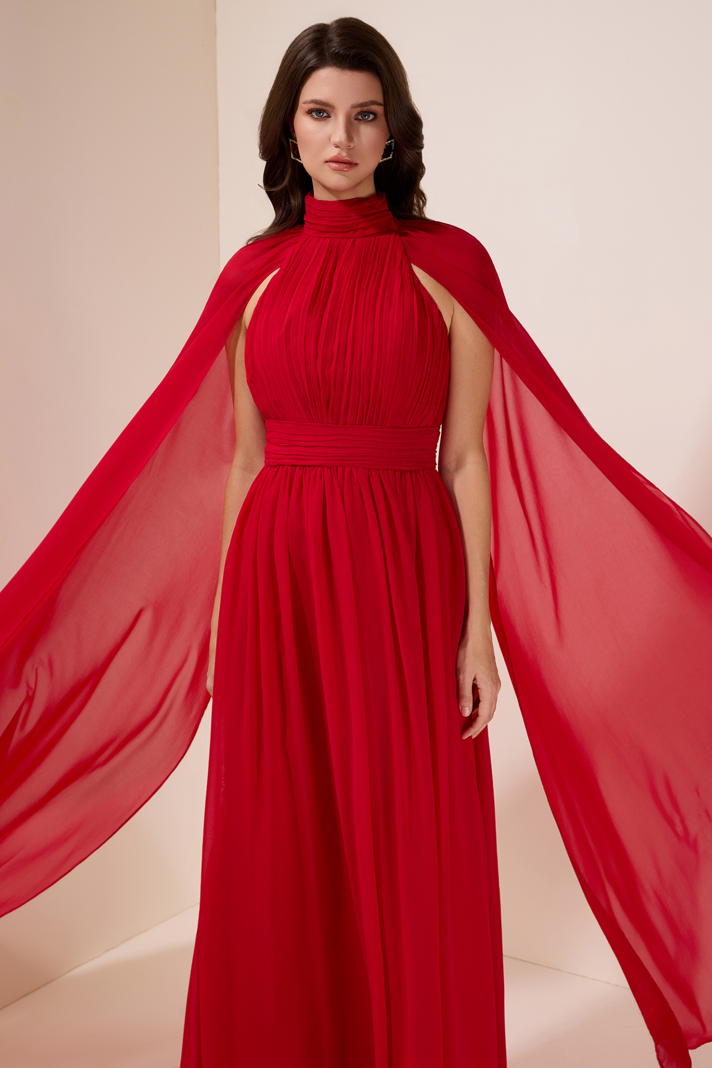 Tracy Chiffon Pleated Cape Sleeve Maxi Dress