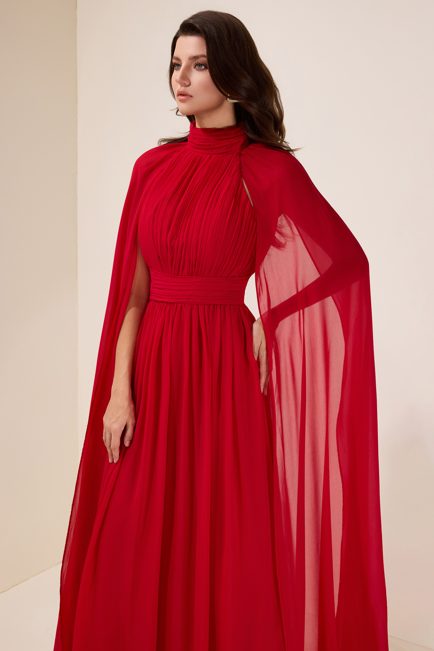 Tracy Chiffon Pleated Cape Sleeve Maxi Dress