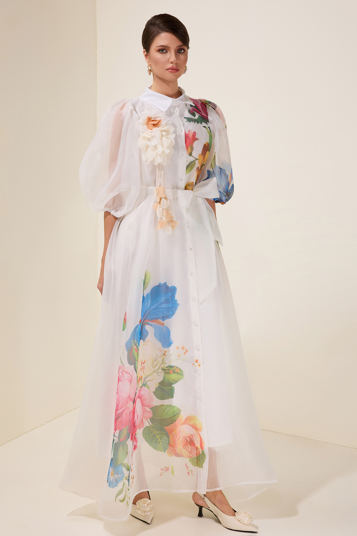 Sabrina 3D Flower Puff Sleeve Single Breasted Midi Dress