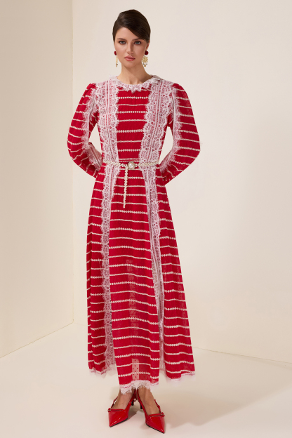 Renata Lace Splicing Embroidered Long Sleeve Maxi Dress With Belt