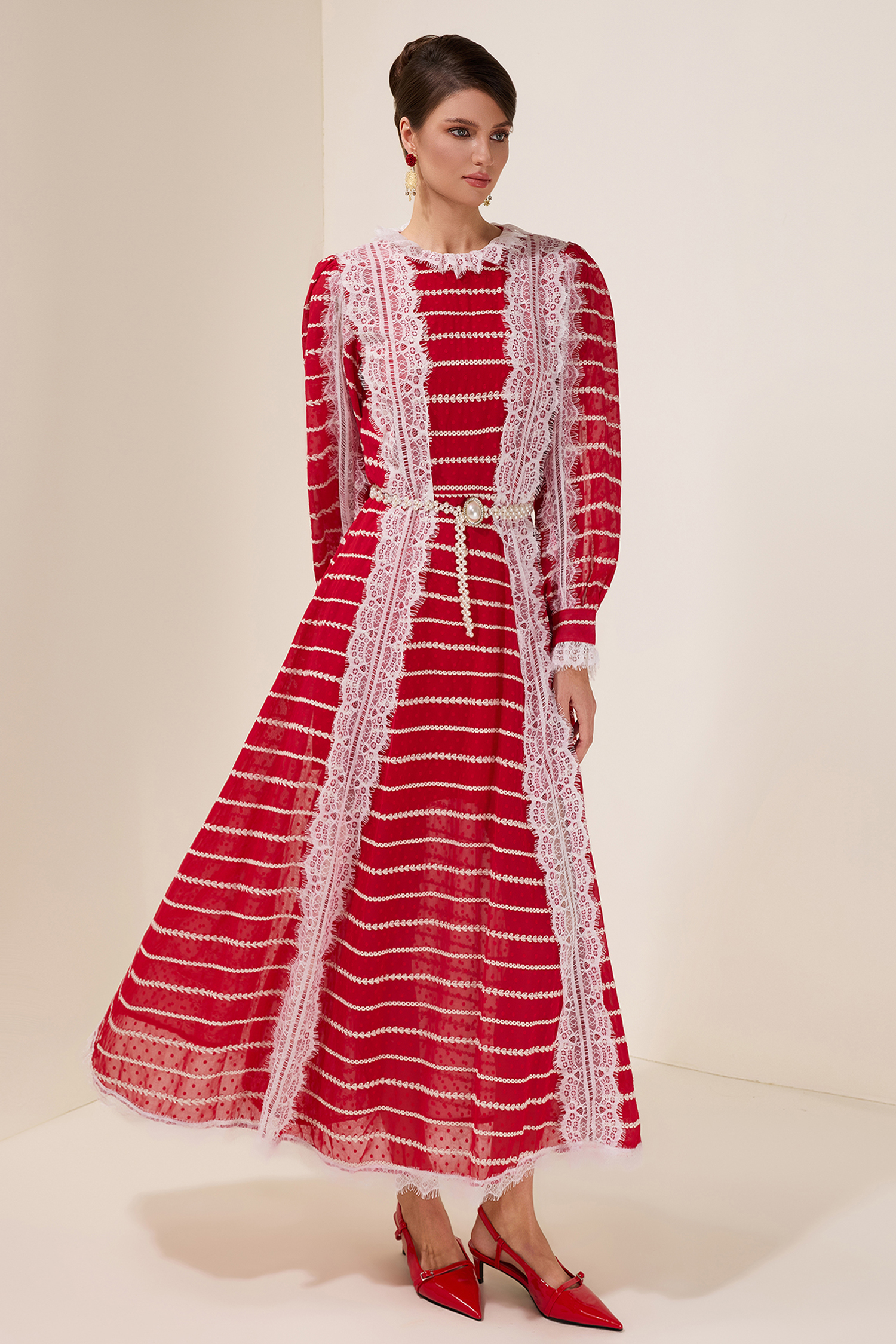 Renata Lace Splicing Embroidered Long Sleeve Maxi Dress With Belt