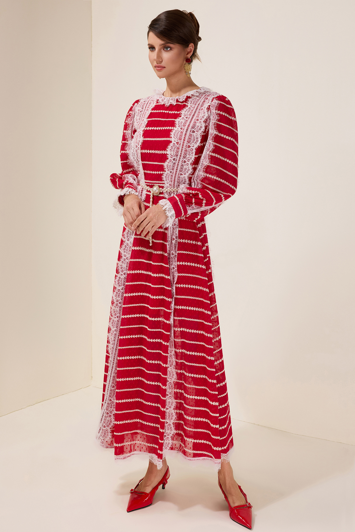 Renata Lace Splicing Embroidered Long Sleeve Maxi Dress With Belt