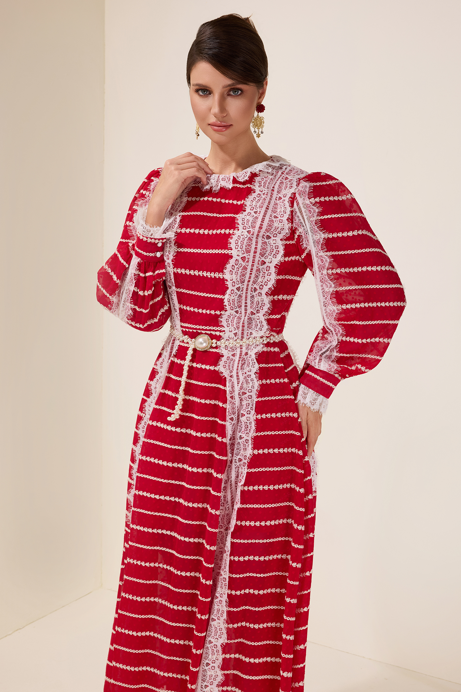 Renata Lace Splicing Embroidered Long Sleeve Maxi Dress With Belt