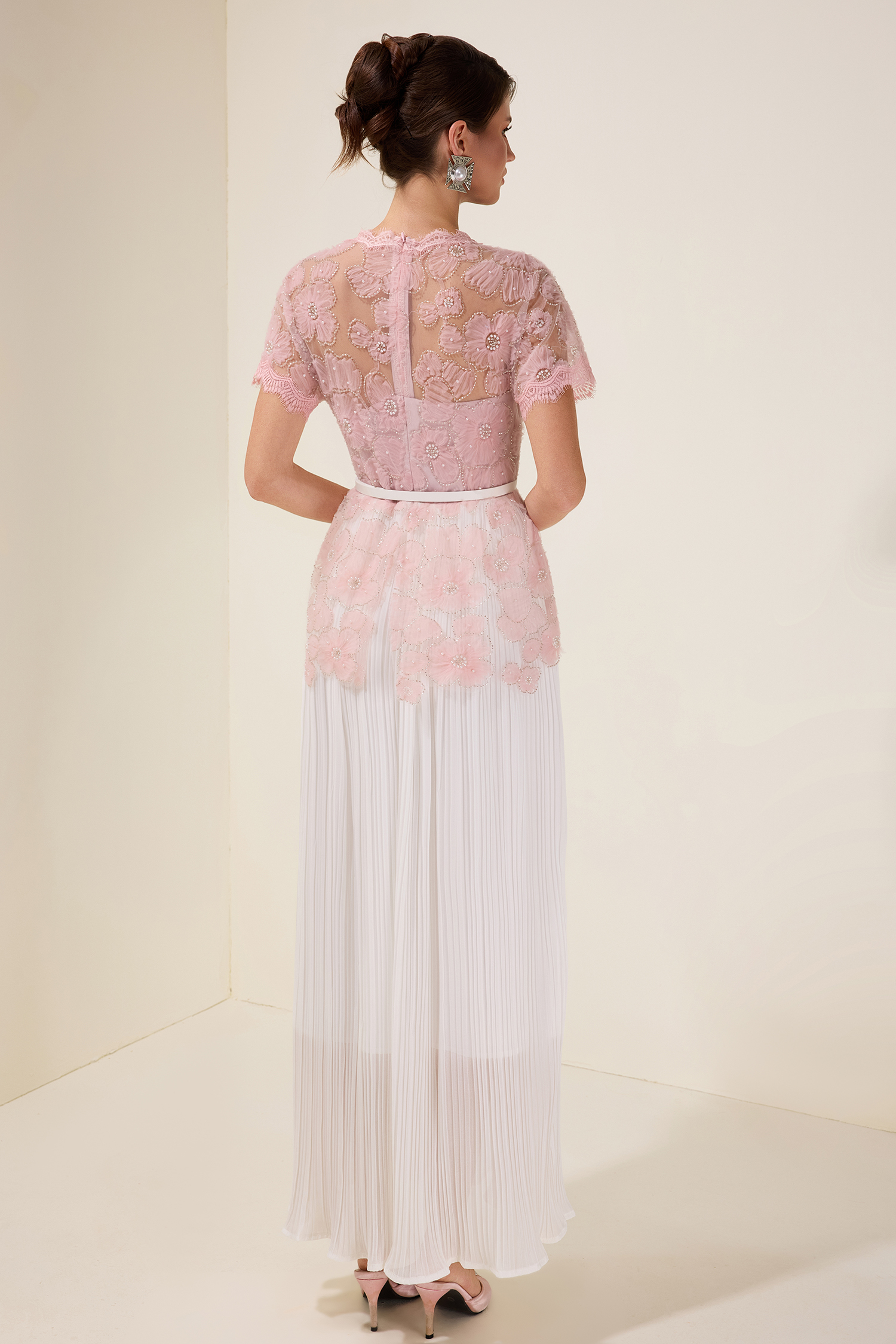 Cecile Pink Lace Splicing Pleated Midi Dress With Belt