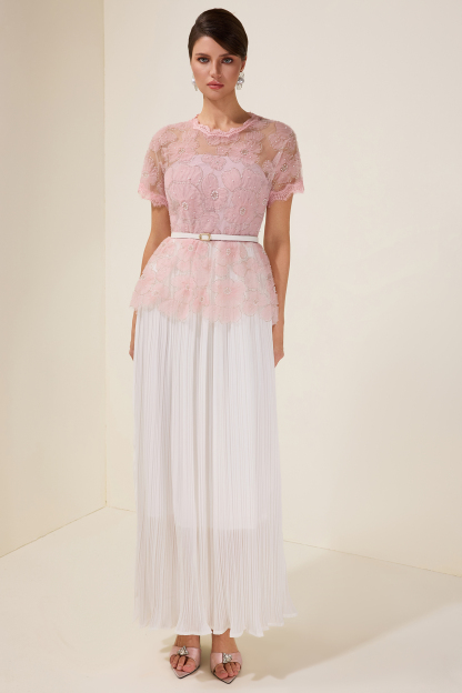 Cecile Pink Lace Splicing Pleated Midi Dress With Belt