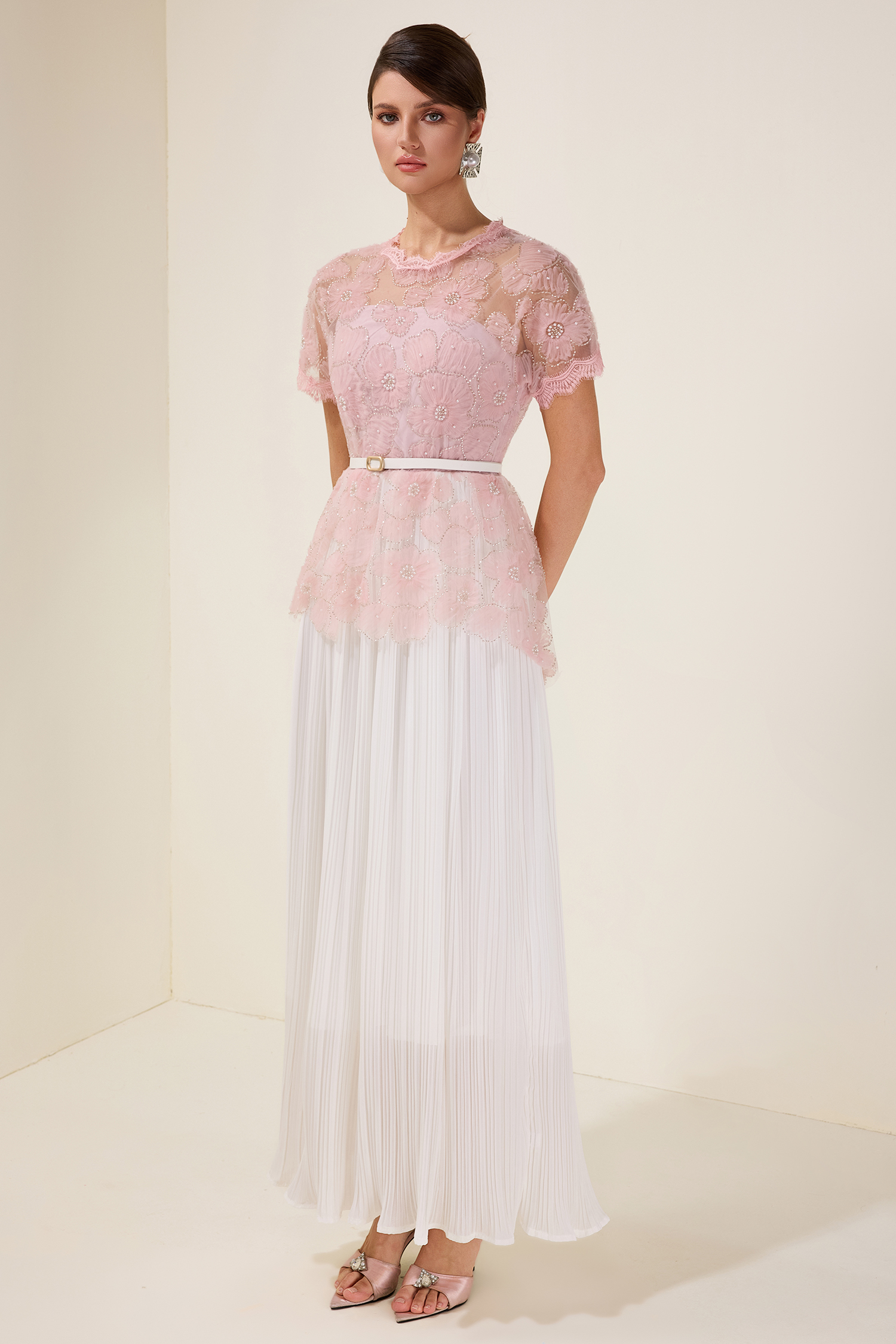 Cecile Pink Lace Splicing Pleated Midi Dress With Belt