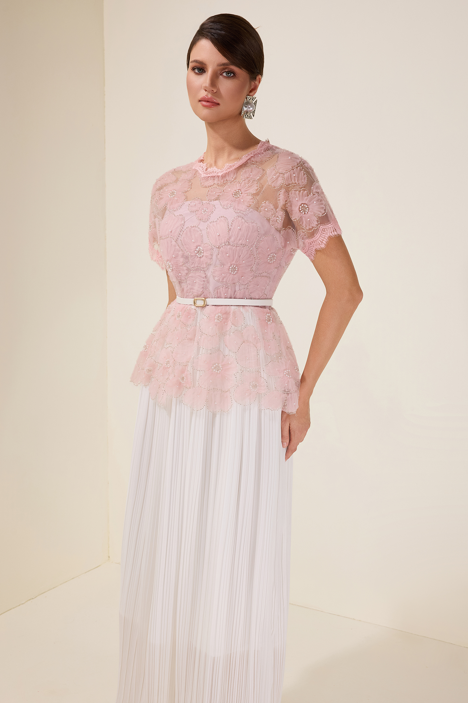 Cecile Pink Lace Splicing Pleated Midi Dress With Belt