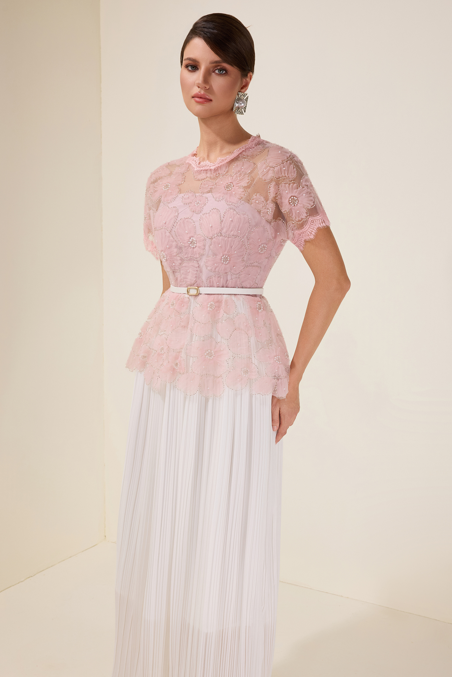 Cecile Pink Lace Splicing Pleated Midi Dress With Belt