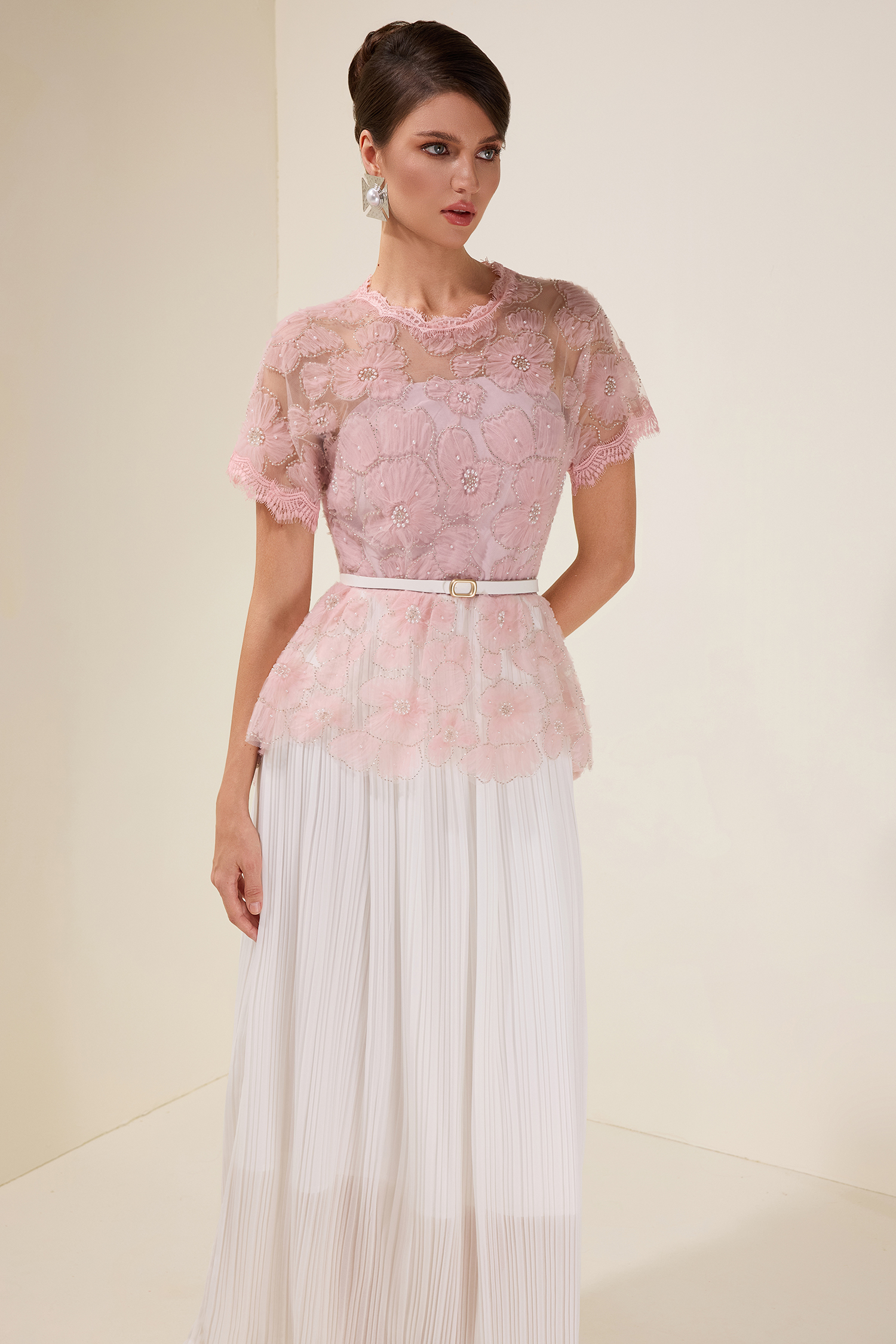 Cecile Pink Lace Splicing Pleated Midi Dress With Belt