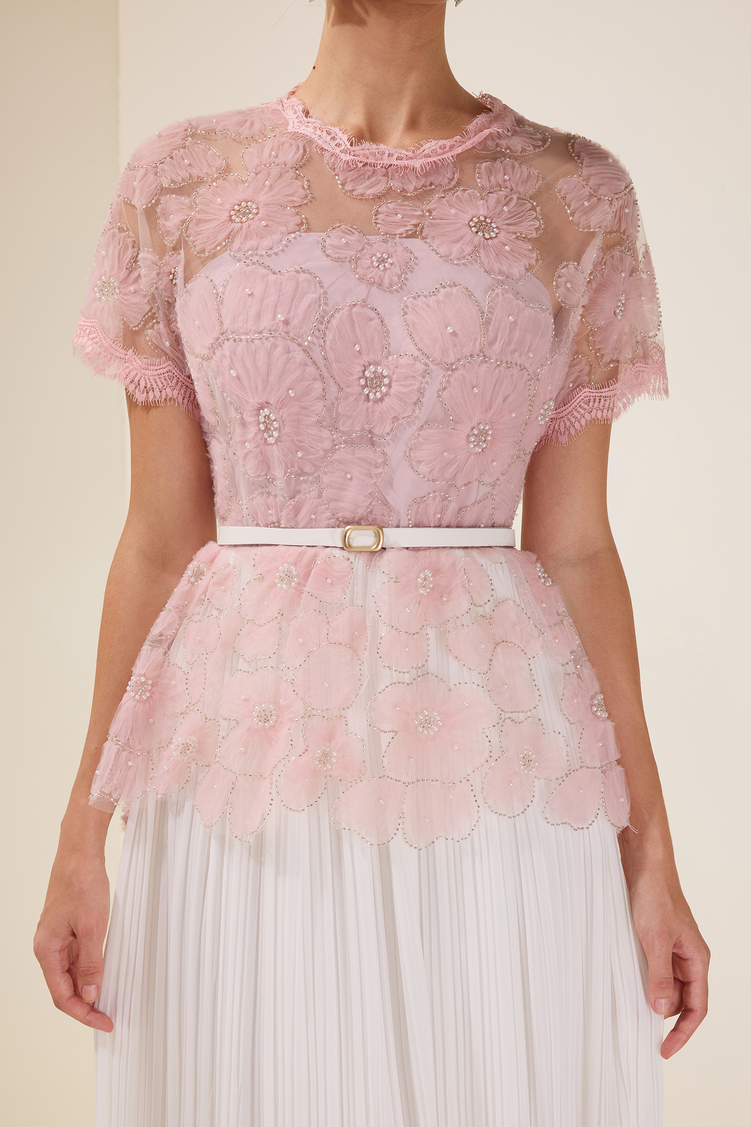 Cecile Pink Lace Splicing Pleated Midi Dress With Belt