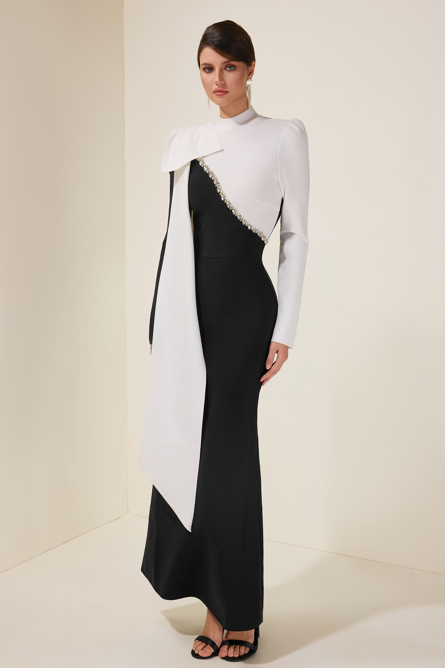 Goldie Rhinestone Contrast Color Bow Midi Dress