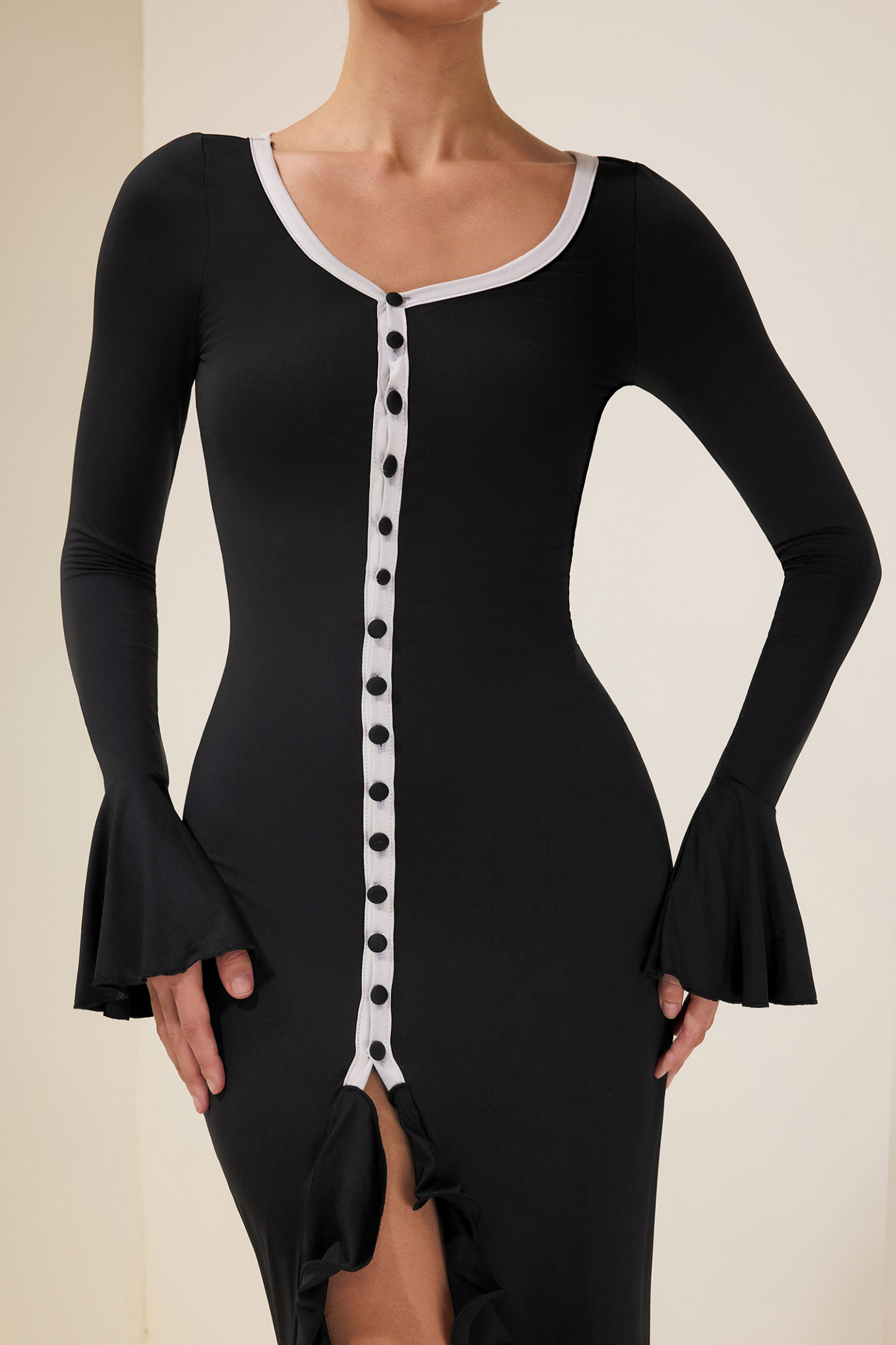 Esta Jersey Single Breasted Ruffle Midi Dress