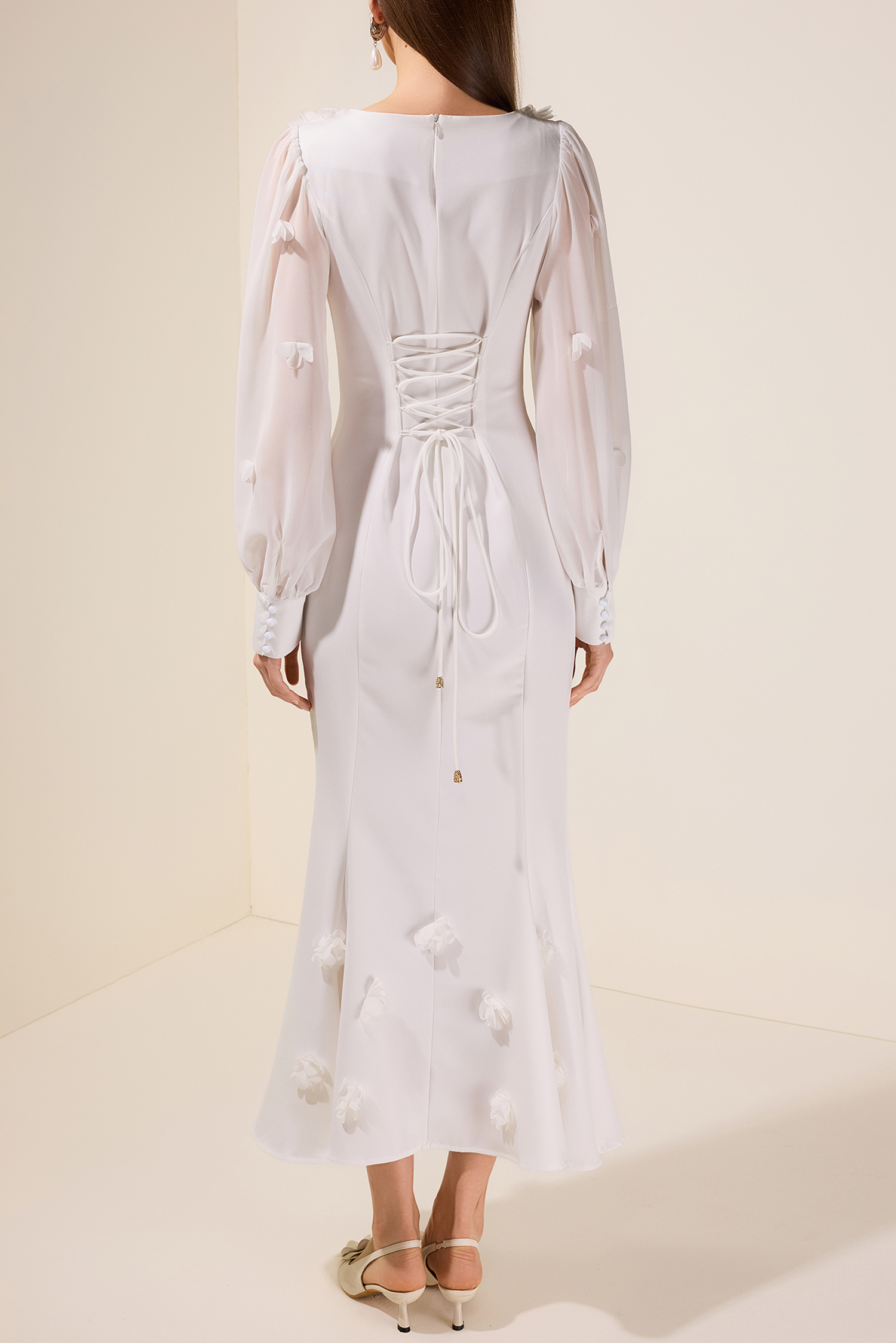 Brenda 3D Flower Square Collar Lantern Sleeve Maxi Dress