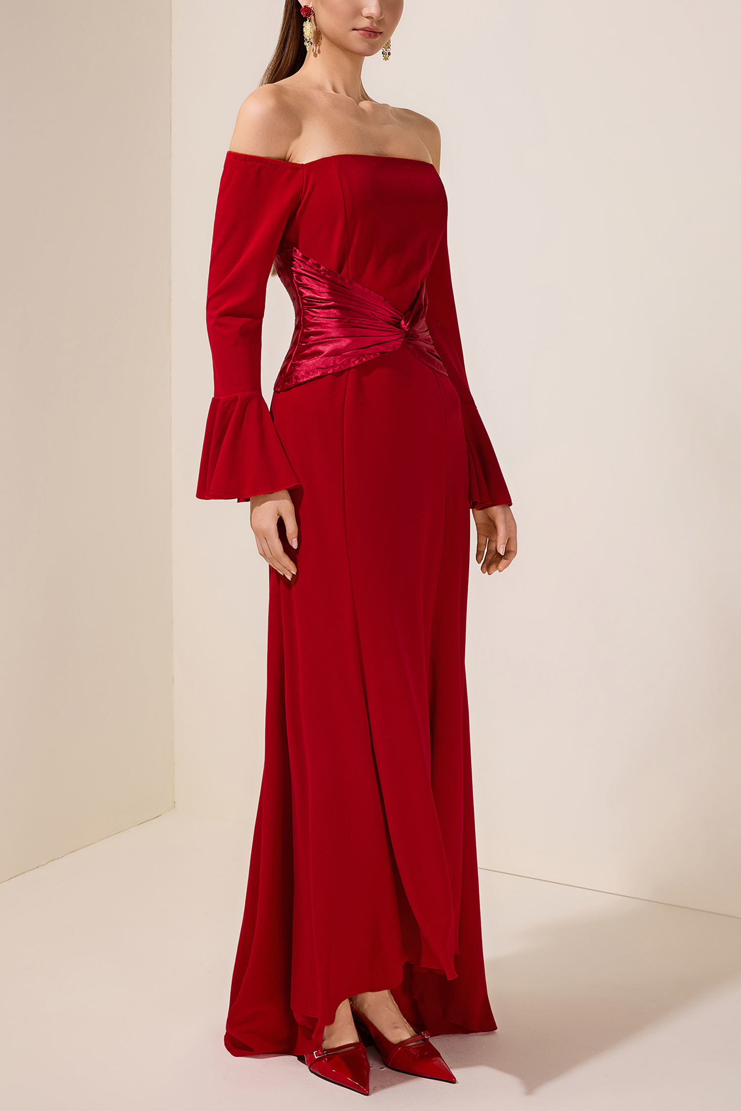 Freda Satin Splicing Knotted Off-Shoulder Maxi Dress