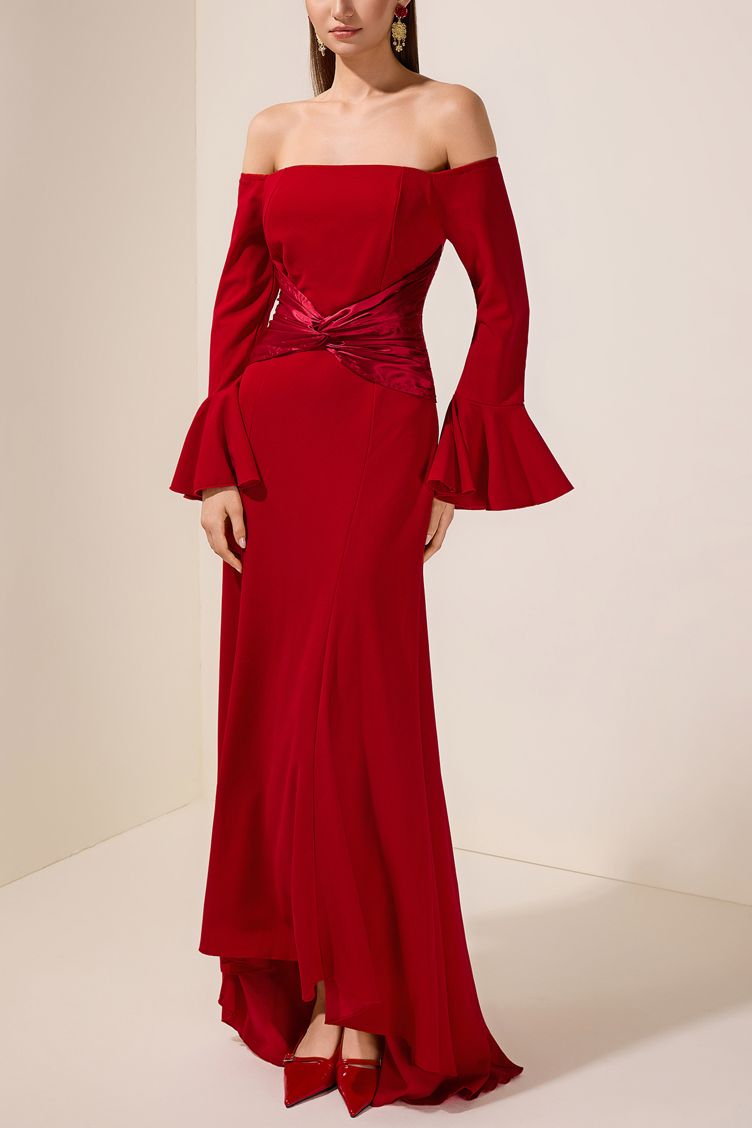 Freda Satin Splicing Knotted Off-Shoulder Maxi Dress