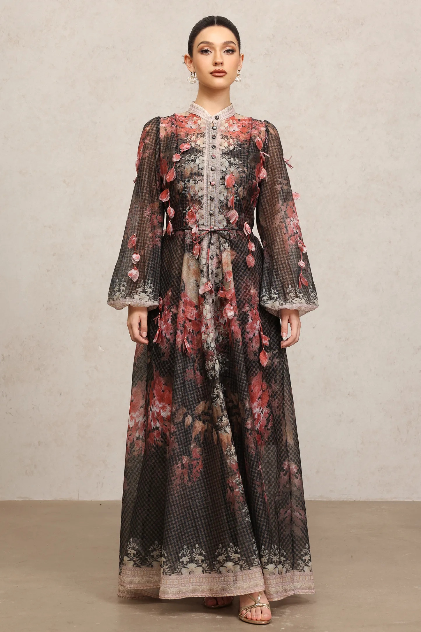 Fannie Round Neck Long Sleeves Floral Printed Maxi Dress