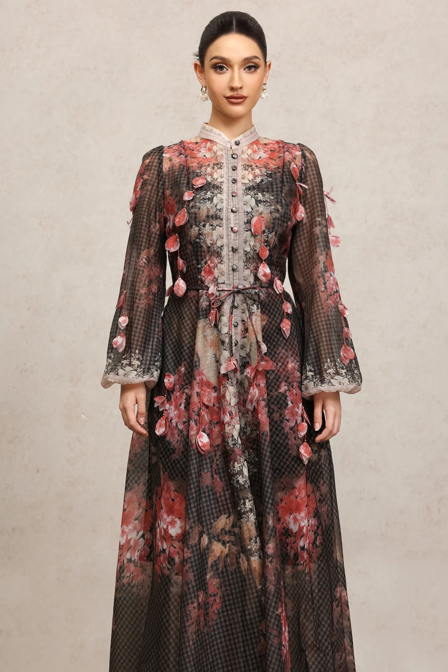 Fannie Round Neck Long Sleeves Floral Printed Maxi Dress