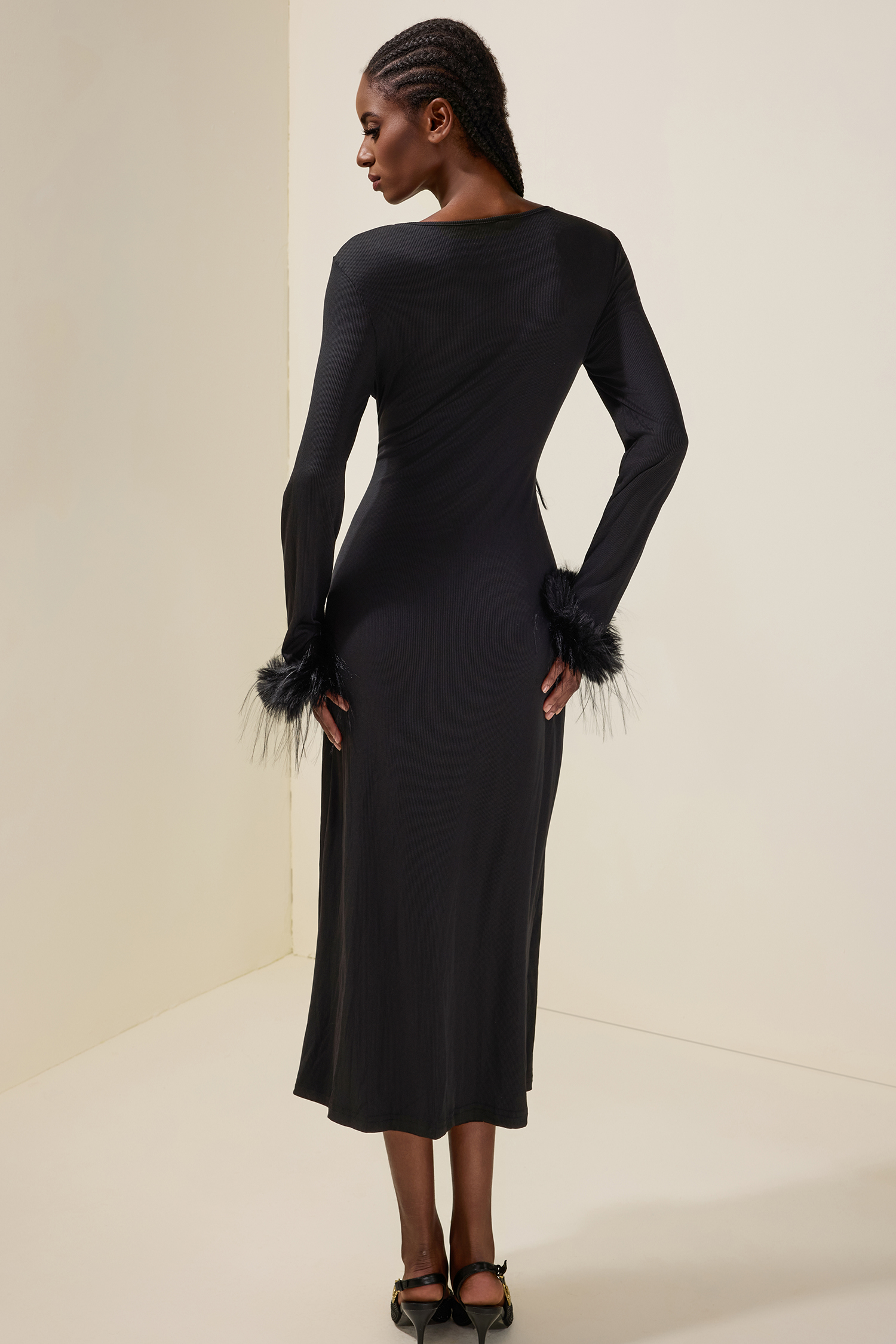 Kirsty Jersey Splicing Pleated Feather Midi Dress