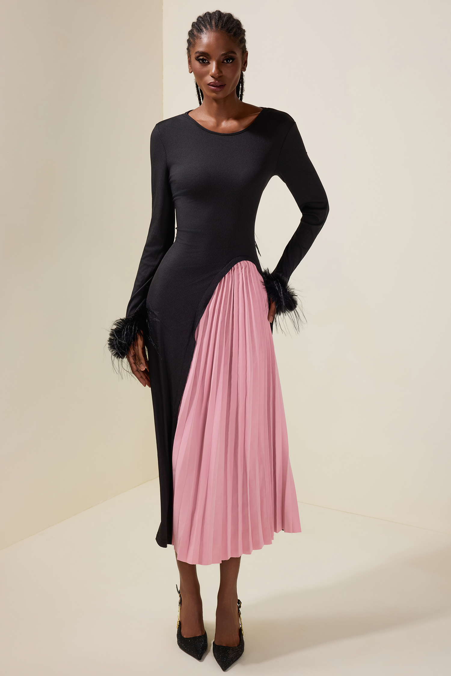 Kirsty Jersey Splicing Pleated Feather Midi Dress
