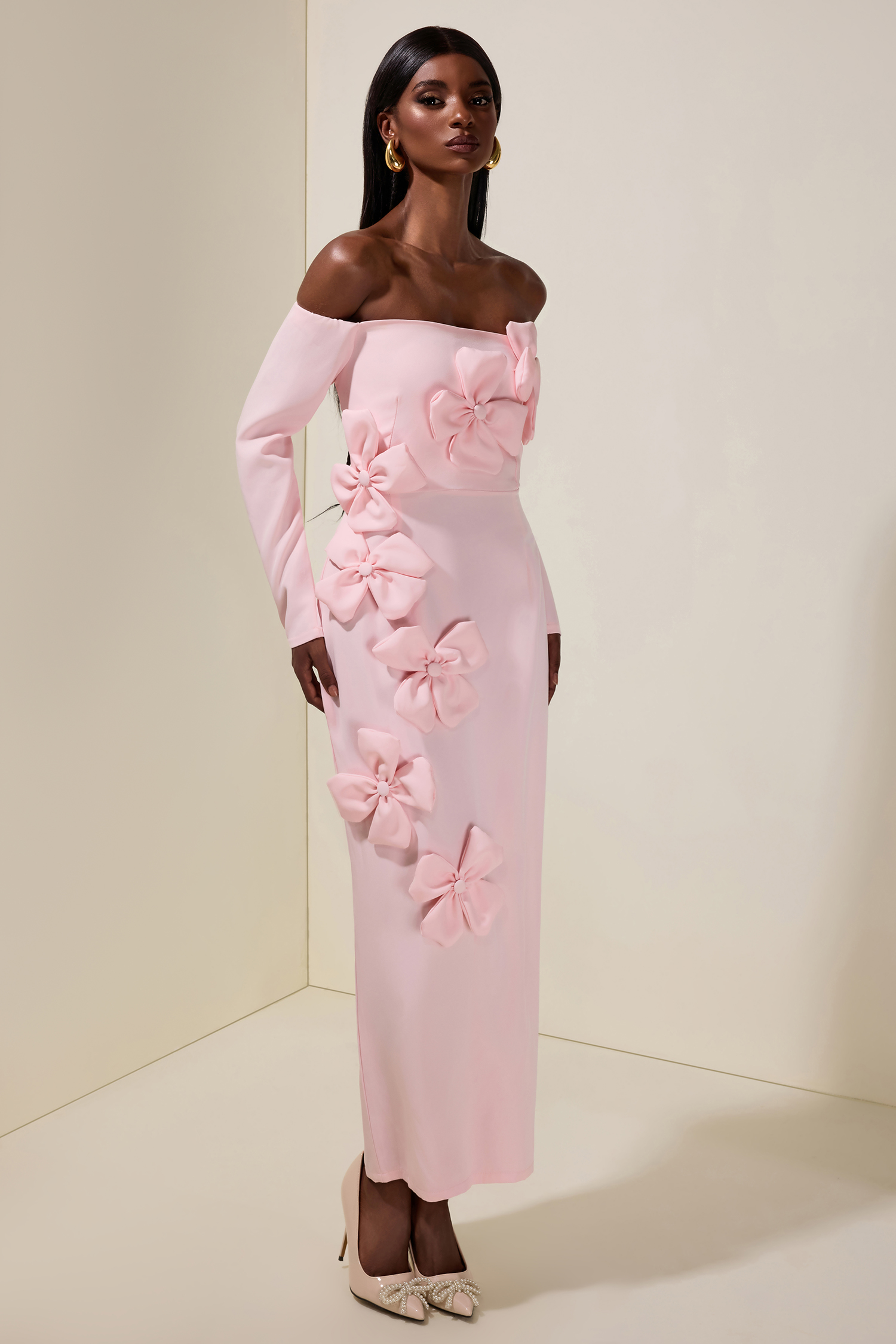 Lydia Solid 3D Flower Off-Shoulder Midi Dress