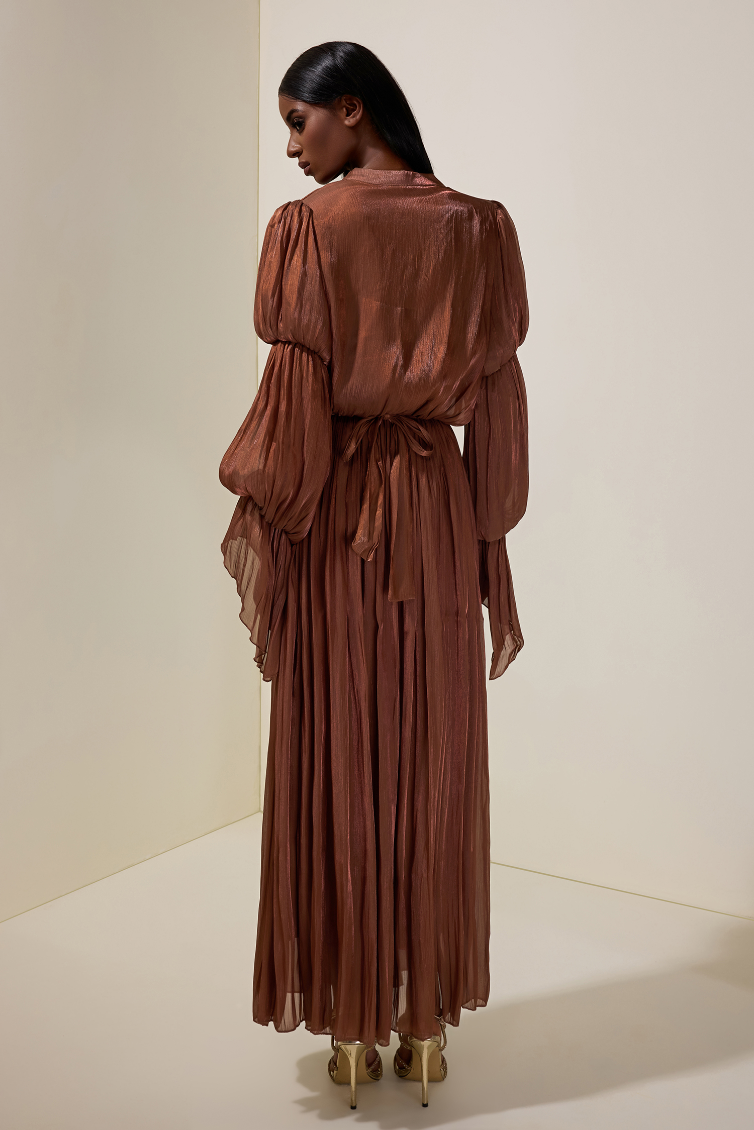 Kacie Satin V-Neck Ruffle Maxi Dress