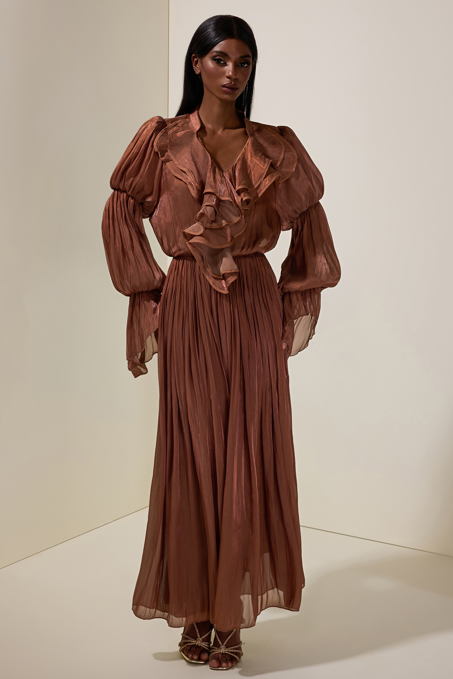 Kacie Satin V-Neck Ruffle Maxi Dress