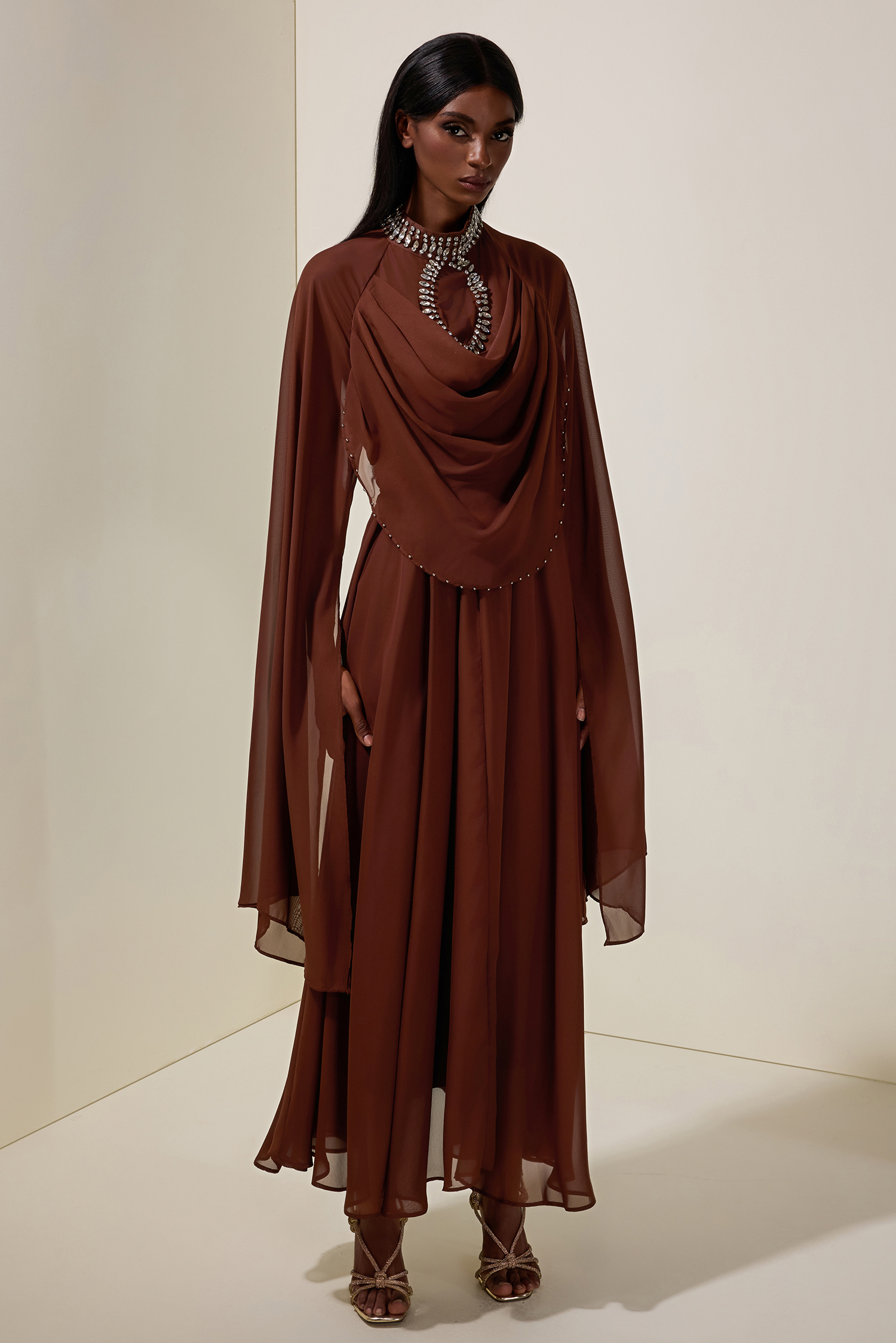 Katlyn Chiffon Rhinestone Cape Sleeve Maxi Dress With Belt