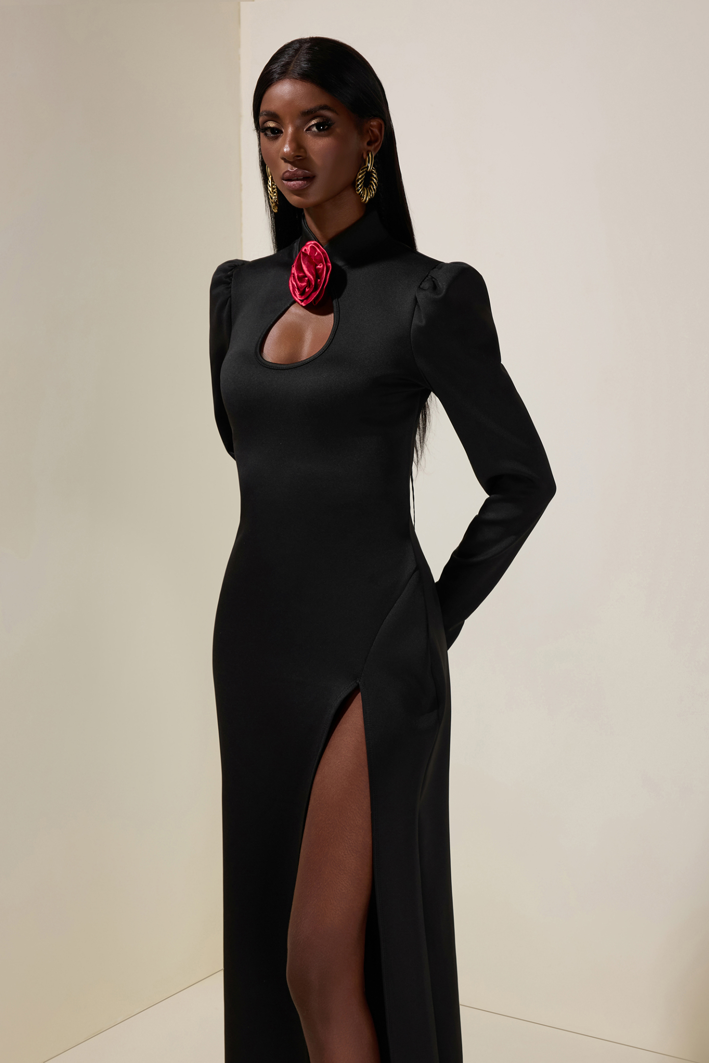 Marcia 3D Flower Cut-Out Long Sleeve Maxi Dress