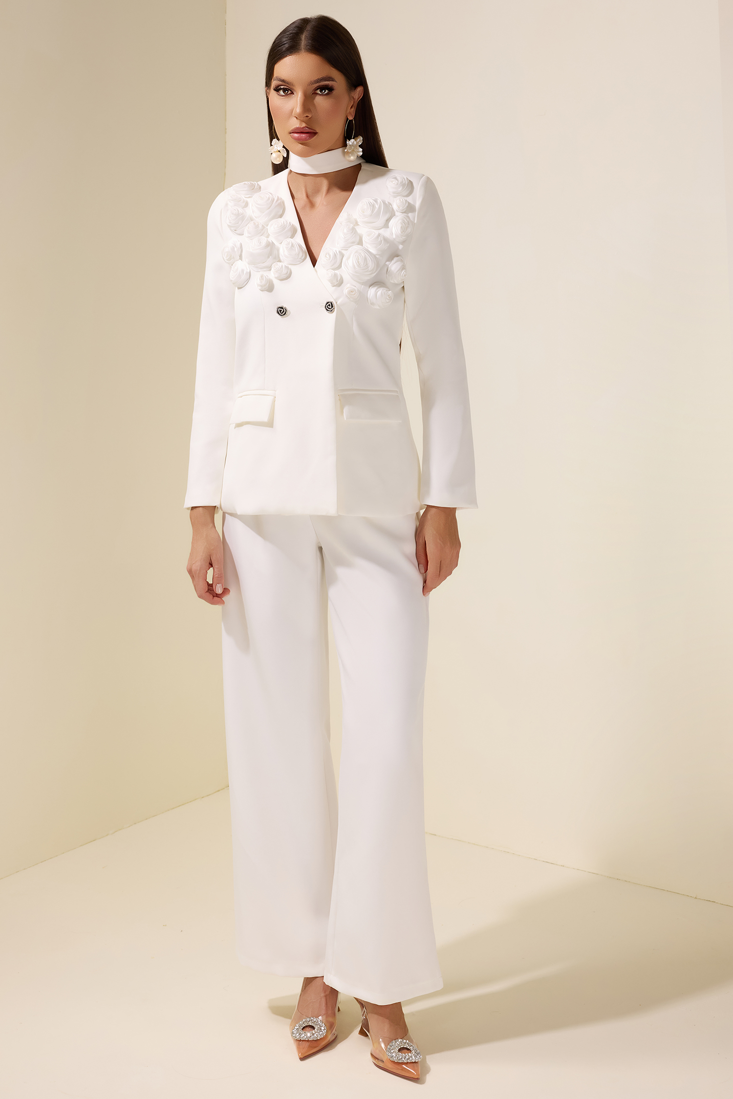 Irene 3D Flower Blazer & High Waist Pants Set