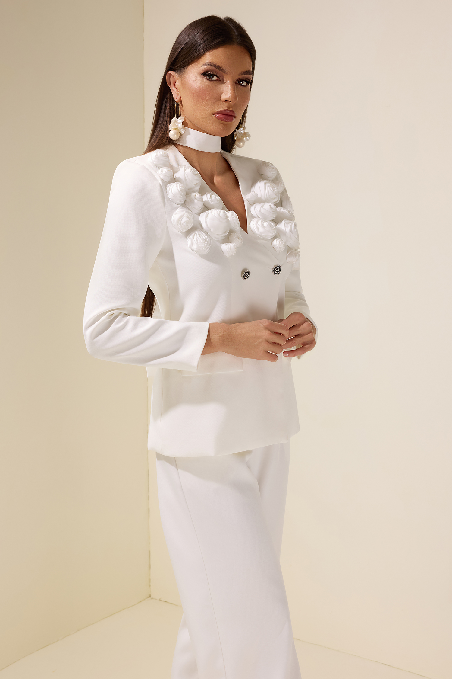 Irene 3D Flower Blazer & High Waist Pants Set