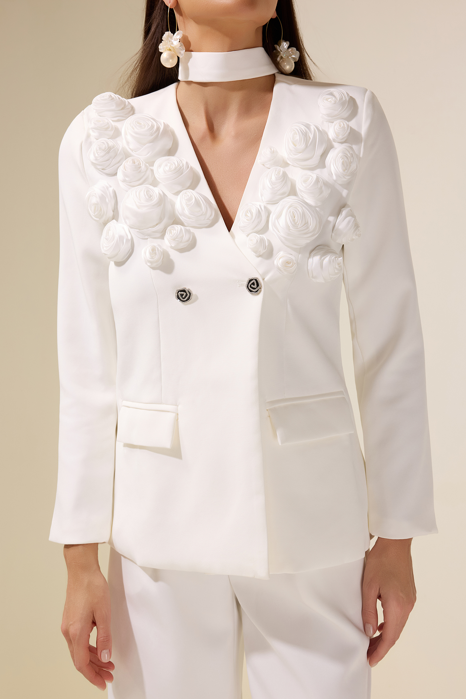 Irene 3D Flower Blazer & High Waist Pants Set