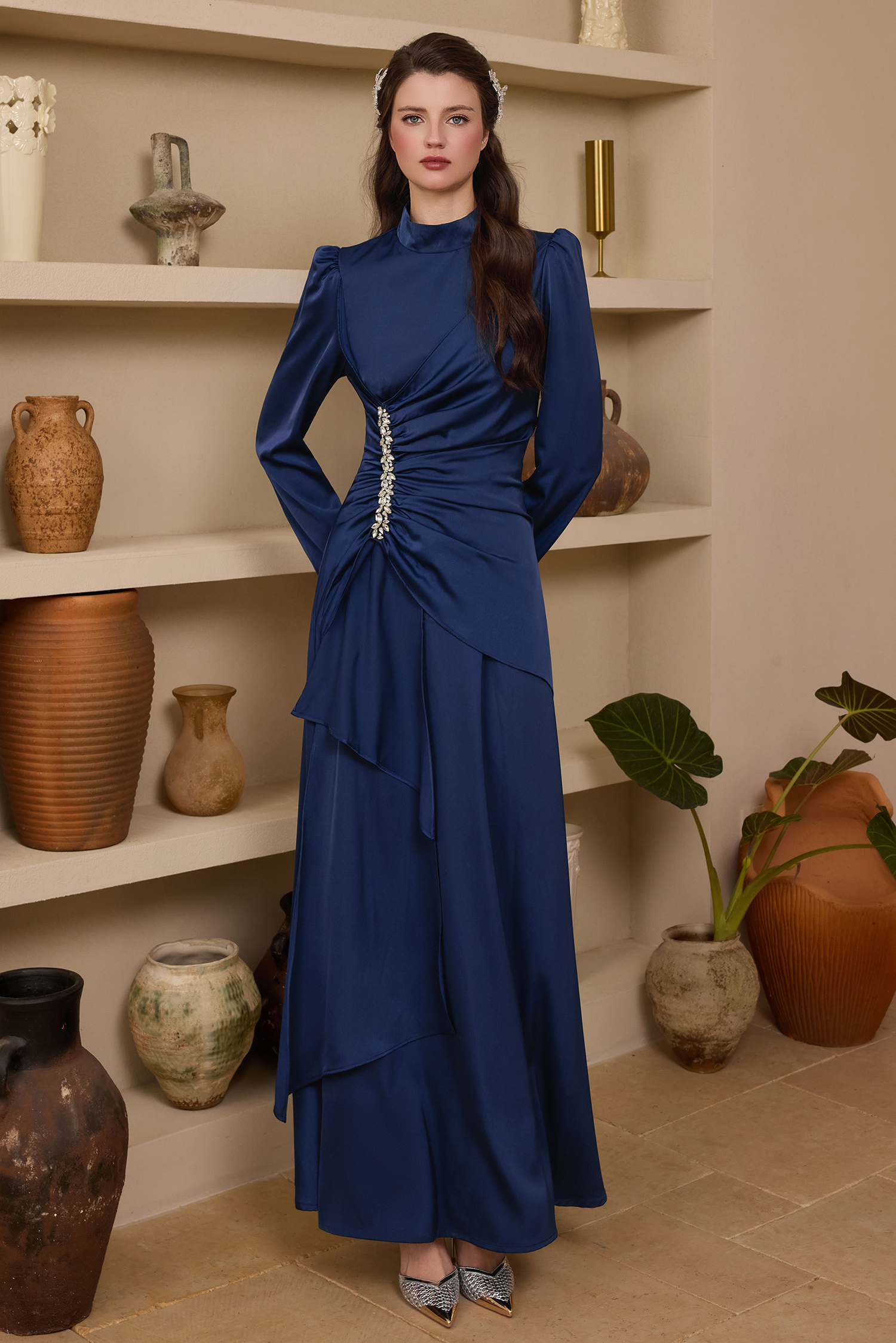 Haleigh Rhinestone Stand Collar Maxi Dress