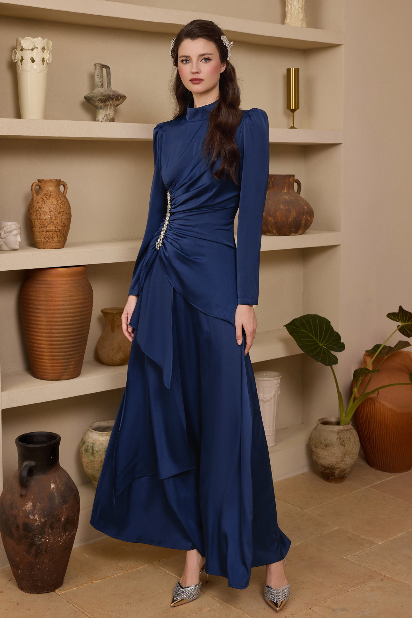 Haleigh Rhinestone Stand Collar Maxi Dress