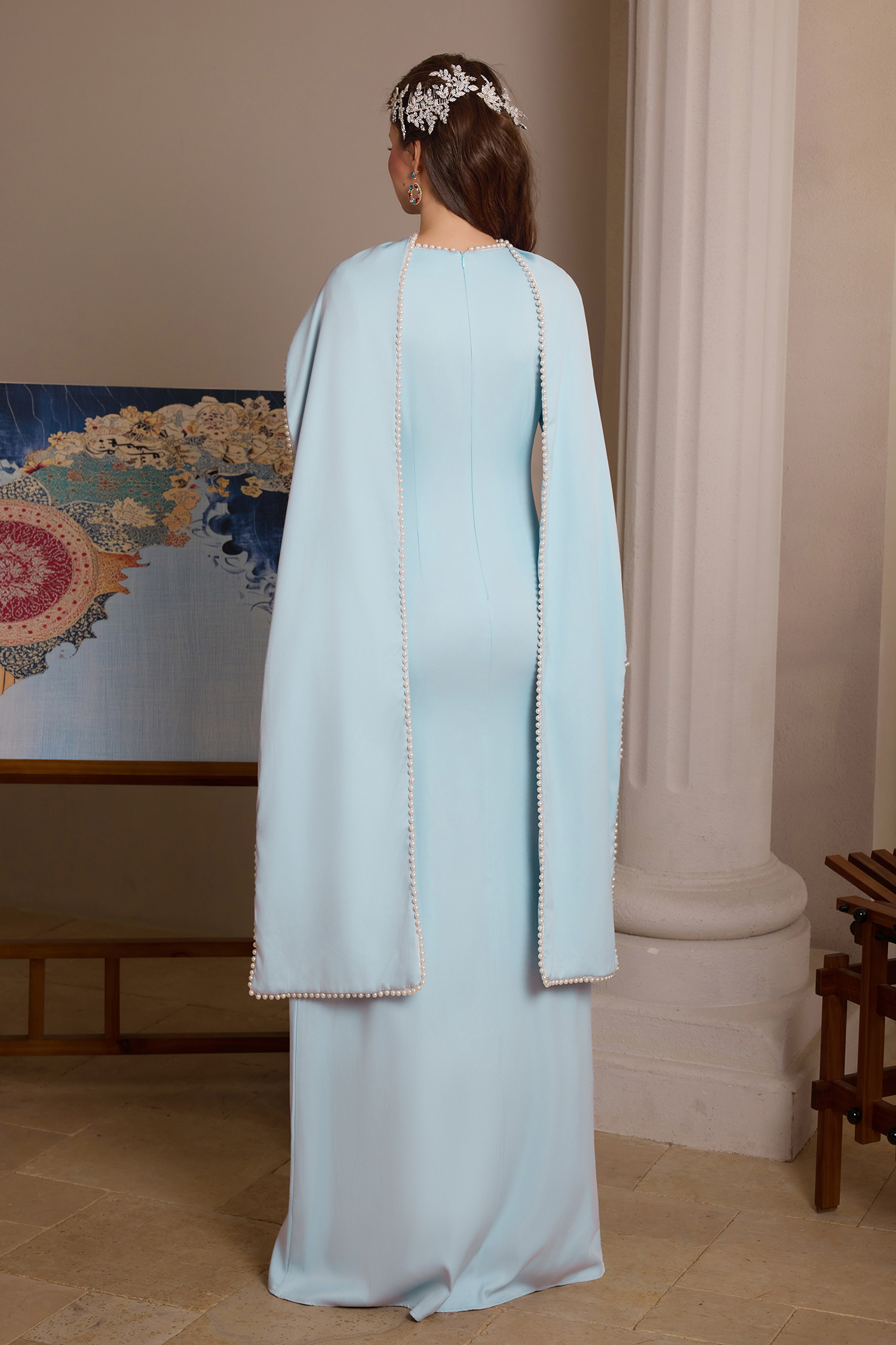 Wendy Pearl Bell Sleeve Maxi Dress With Cape