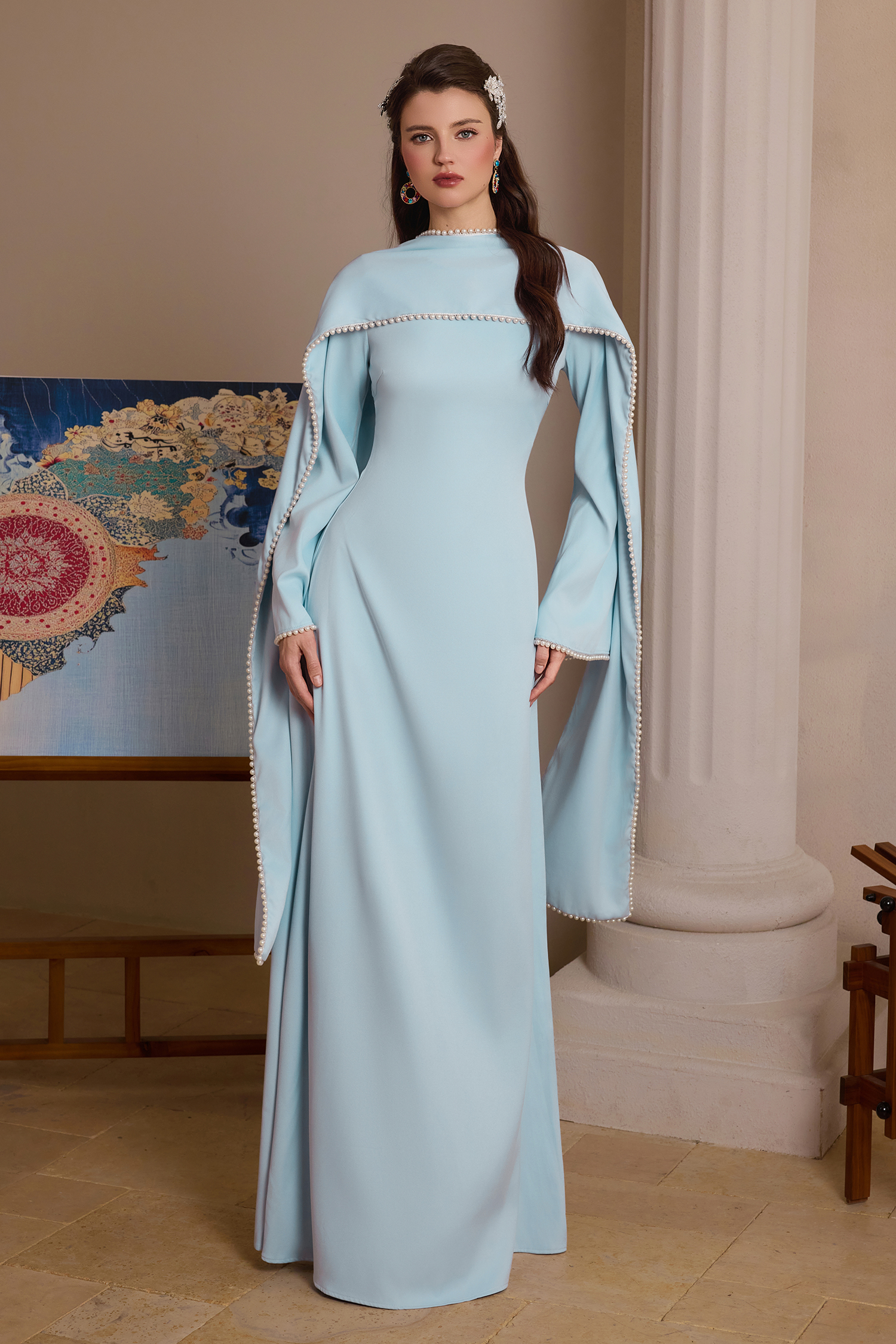 Wendy Pearl Bell Sleeve Maxi Dress With Cape