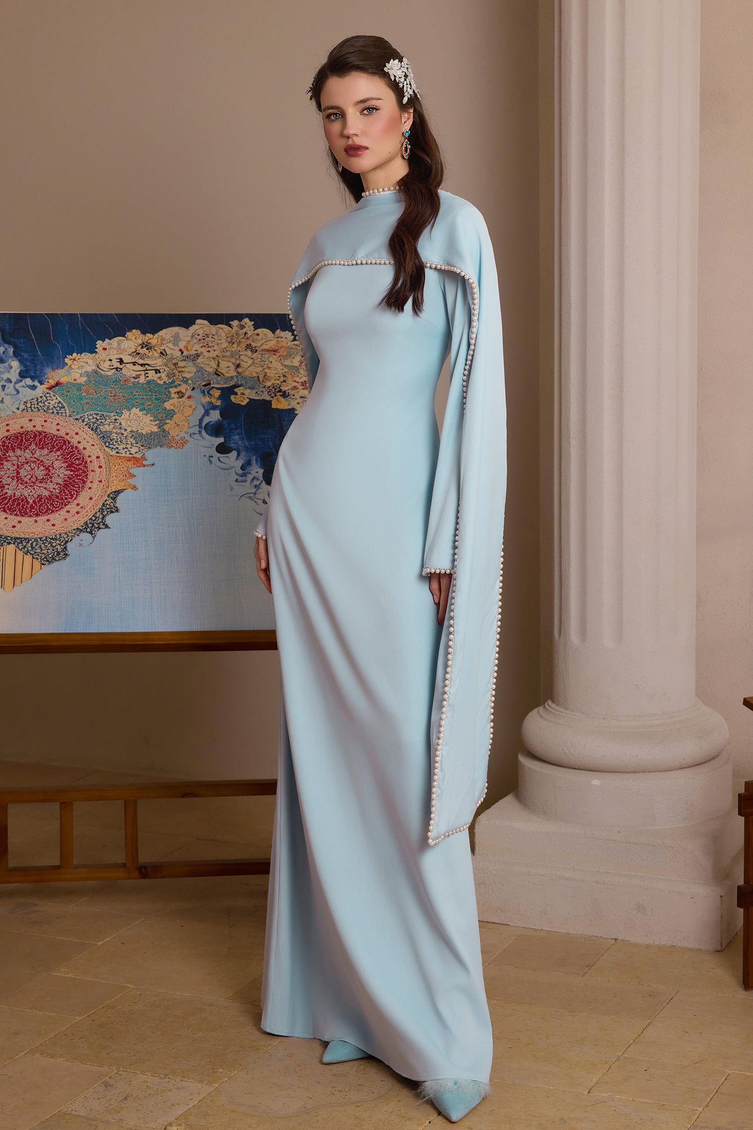 Wendy Pearl Bell Sleeve Maxi Dress With Cape