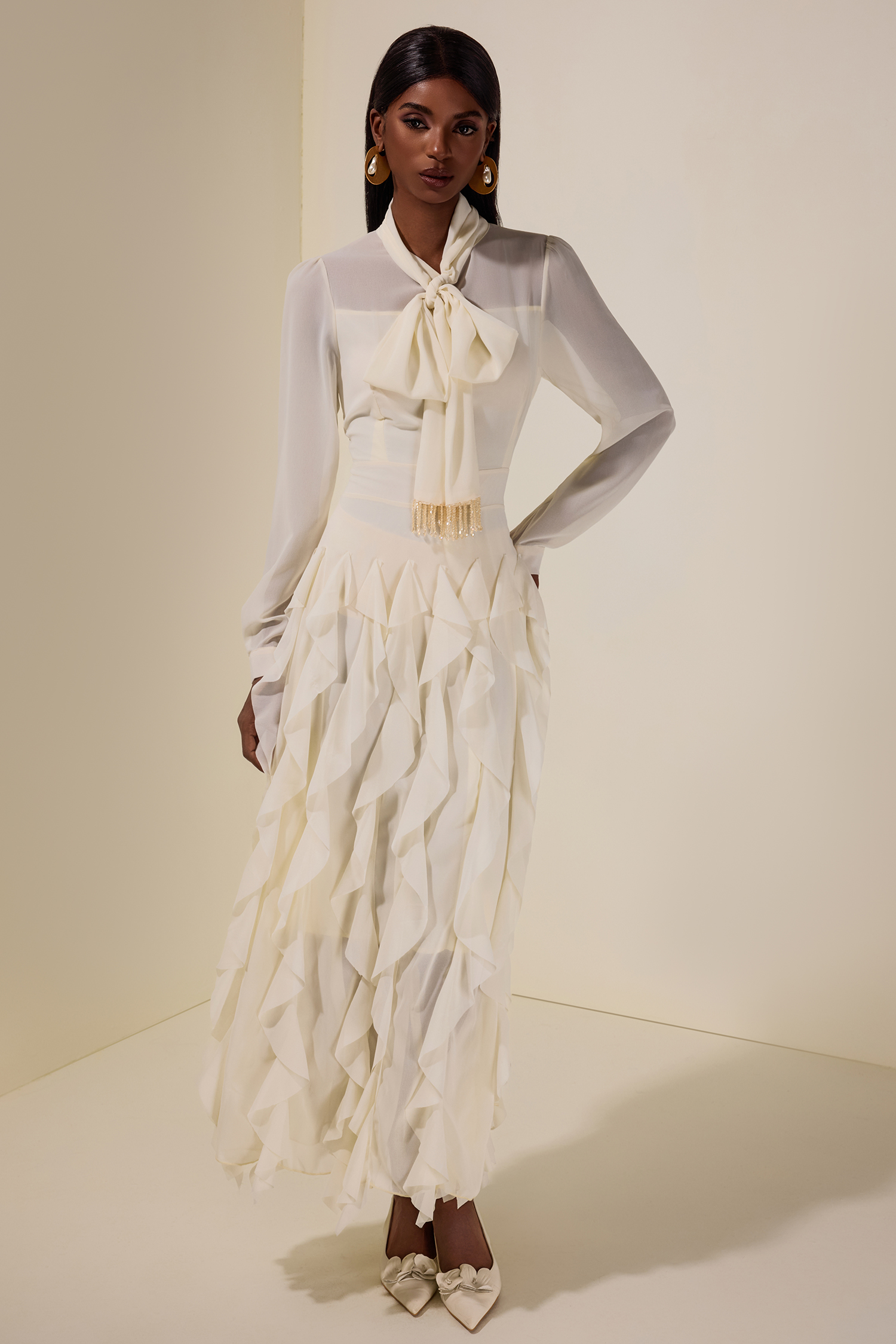 Gail Chiffon Frill Beads Maxi Dress